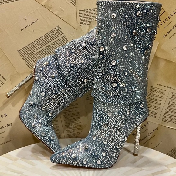 Urban Outfitters Azalea Wang Challengers Rhinestone Denim Boots Stiletto - Picture 4 of 12